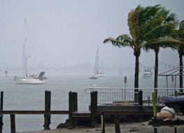 Boats are moored in the Sarasota Bay as Hurricane Ian approaches on September 28, 2022 in Sarasota, Florida
