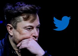 Image of Elon Musk deep in thought next to the blue bird logo of Twitter