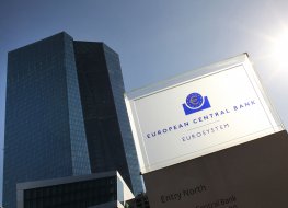 The logo and the headquarters building of the European Central Bank (ECB)
