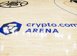  Detail view of crypto.com Arena logo on the court during a NBA game between the Utah Jazz and the Los Angeles Clippers on 6 November, 2022 at Crypto.com Arena in Los Angeles