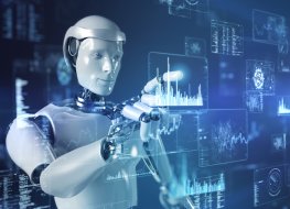 Artificial intelligence robot touching futuristic data screen