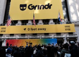 A image of the Grindr sign outside the NYSE. 