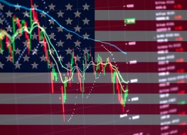 USA flag on the background of stock charts. Financial system in USA