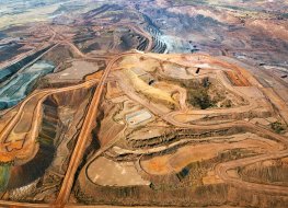 Aerial view of open pit iron ore mine