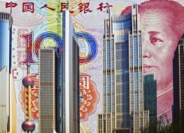 Yuan note behind the Shanghai skyline