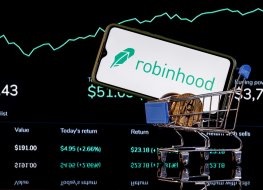 Robinhood's logo in a shopping trolley and in front of a price graph