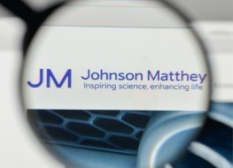 Johnson Matthey blue chip chemical firm Johnson Matthey logo on screen