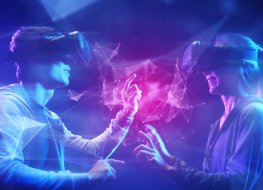 Metaverse Two users enjoy the metaverse with virtual reality headsets