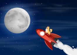 A cartoon dog stands on a rocket heading to the moon