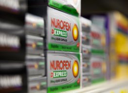 View of Reckitt products on a shelf including Nurofen Express