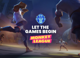 The MonkeyLeague slogan is overlaid on a graphic of monkey avatars playing a game