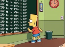 Bart writing “XRP to hit $589+ by EOY” on a chalkboard