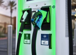 EV charging Electric vehicle fast charging station in Cabazon, California.