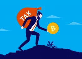 A man with a bag of tax money on his back holding a bitcoin