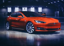 A Tesla electric car in the spotlight
