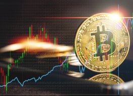 Bitcoin (BTC) logo on a coin around chart depicting market movements.