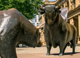Bear and Bull sculpture. Frankfurt Stock Exchange building