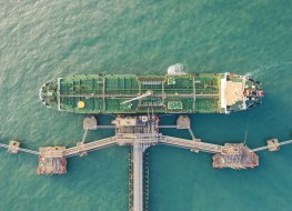 Aerial view of oil ship tanker at an crude loading dock