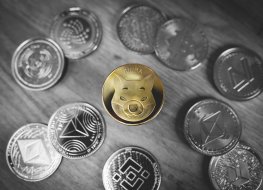 Shiba Inu or SHIB coin centrally placed among bunch of crypto coins