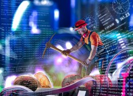 Bitcoin mining concept of real miner digging for Bitcoin