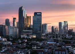 Jakarta's financial district at dusk 