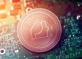 Propy price prediction: Will the real estate NFT soar high? shiny copper PROPY cryptocurrency coin on blurry motherboard background