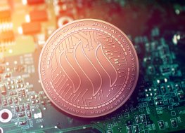 The abstract Steem logo depicted on a bronze coloured coin, against a circuit board background