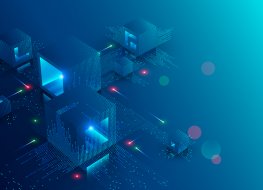 Blockchain concept banner. Isometric digital blocks connect with each other and form a crypto chain. Blocks or cubes, connection consists of numbers. Abstract technology background. Vector illustration