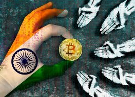 A hand illustrated in the Indian flag giving a golden bitcoin to outstretched hands of the poor