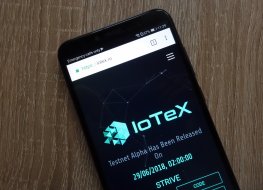 KONSKIE, POLAND - JULY 14, 2018: IoTeX (IOTX) cryptocurrency website displayed on a modern smartphone