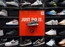 Exposition of nike sport shoes. Nike is one of the world's largest suppliers of athletic shoes and apparel. The company was founded on January 25, 1964.