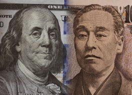 A composite picture of US and Japanese banknotes