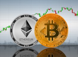 Bitcoin (BTC) and Ethereum (ETH) coins on the background of the chart