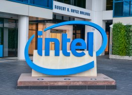  Intel sign at entrance of Robert N. Boyce Building and the Intel museum