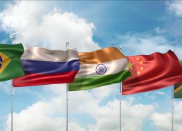 3D Illustration of BRICS member states’ national flags