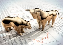 Bull and bear on stock chart Bull and bear on a stocks graph with arrow pointing down