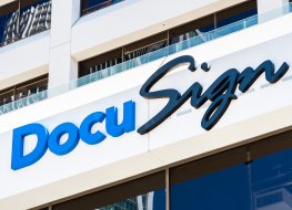 August 21, 2019 San Francisco / CA / USA - Close up of DocuSign logo at their headquarters in SOMA district; DocuSign, Inc. is an American company providing document management services