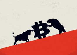 Illustration of a bull and bear pushing and resisting a bitcoin logo