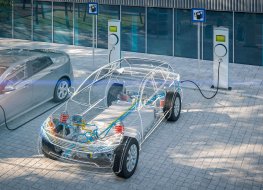 A 3D rendering of an electric car with visible x-ray battery charging at the city parking lot