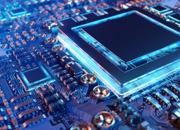 Semiconductor stocks Close-up view of a modern GPU card with circuit and colorful lights and details 3D rendering