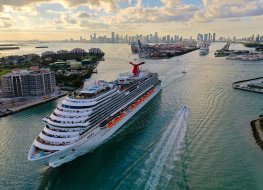 A aerial view of Carnival Cruise ship Magic as it departs Miami.
