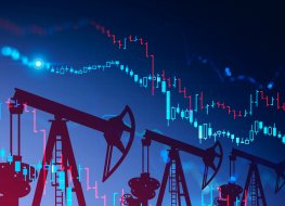 Top oil stocks: Which oil companies are ahead in 2022? Three oil pumps over blue background with double exposure of falling blurry digital graphs. Concept of oil market crisis. 3d rendering toned image