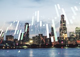 City skyline with stock illustration overlaid