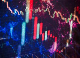 Technical price graph and indicator, red and green candlestick chart on blue theme screen, market volatility, up and down trend. Stock trading, crypto currency background.