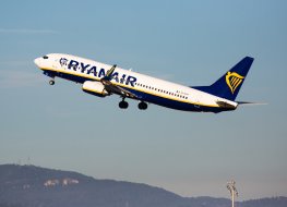 Aircraft Boeing 737 of Irish budget airline Ryanair with registration EI-DYF soaring from El Prat Airport on winter day