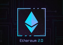 Ethereum 2.0 logo, which depicts a blue pyramid in reflection, on dark background