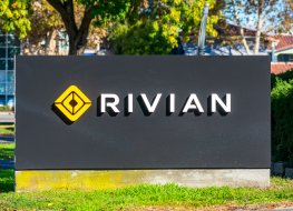 Rivian sign logo at headquarters in Silicon Valley. Rivian Automotive is an American electric vehicle automaker and automotive technology company - Palo Alto, California, USA - 2020