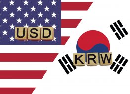 American and South Korea Republic currencies codes on national flags background. 