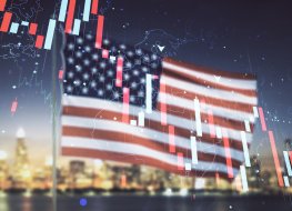 Economic crisis chart and world map hologram on USA flag and blurry skyscrapers background, bankruptcy and recession concept. Multiexposure