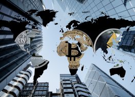 Bitcoin and cryptocurrencies pictured on a global map in corporate skyscraper background